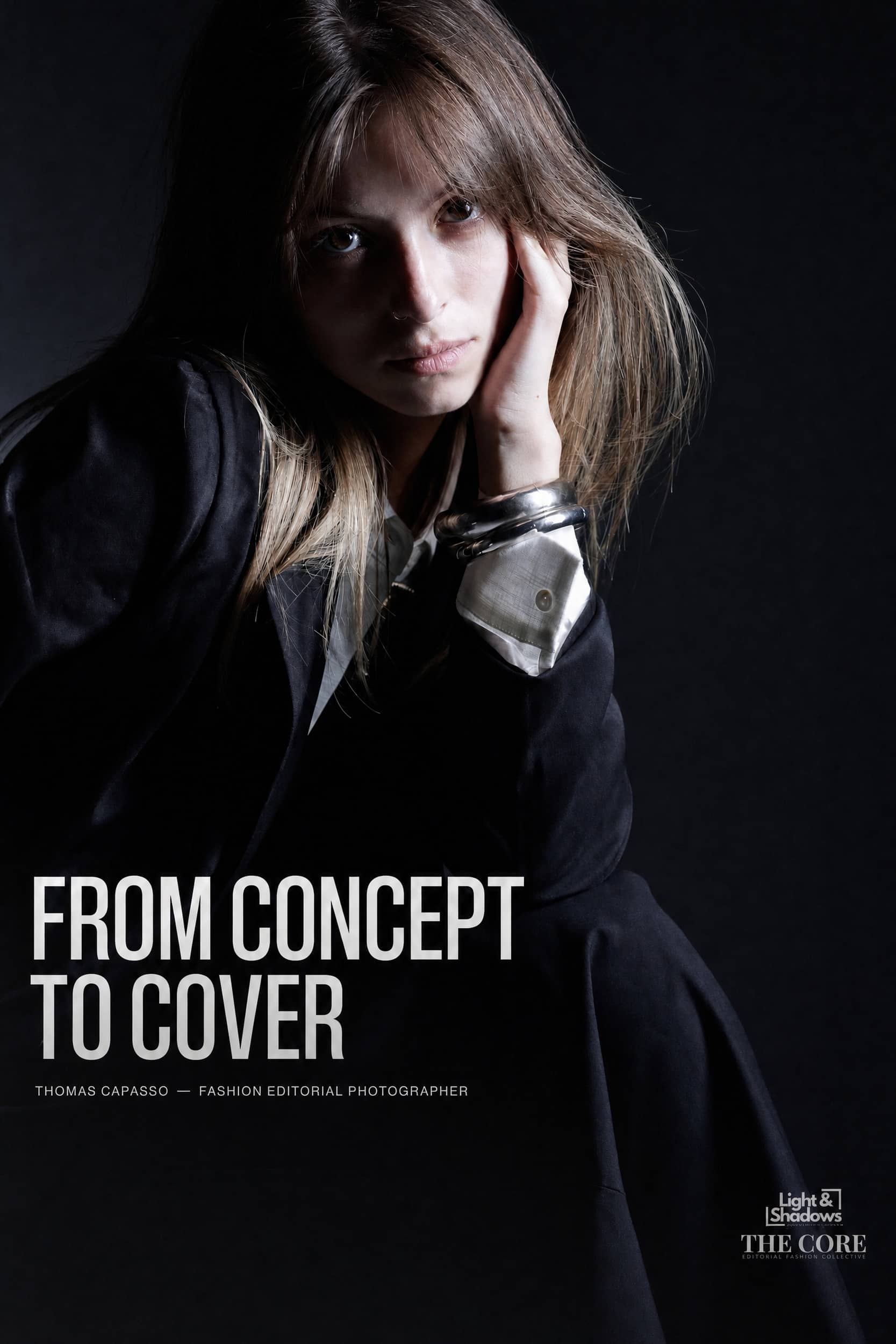 Figura fashion editoriale immersa nella luce